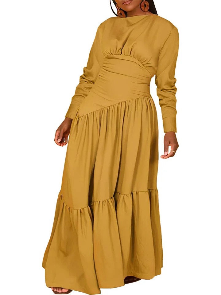 Elegant Women's Solid Color Shirt Long Sleeve Elastic Waist Crumpled Loose Hem Dress Round Neck Pullover Zipper Long Skirt-Cosfine