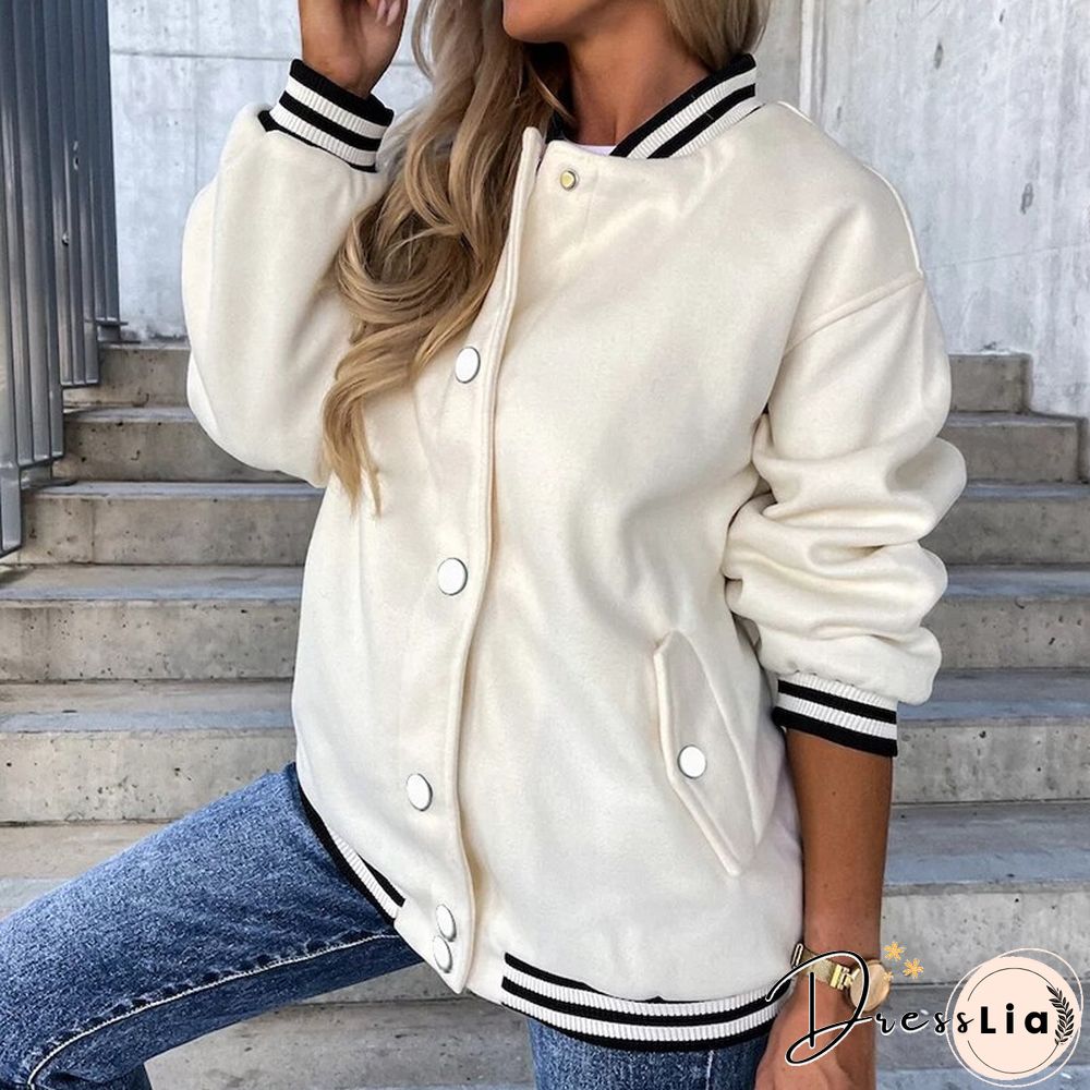 Fashion Contrast Woolen Jacket Women Casual Long Sleeve O Neck Single Breasted Coats Ladies Autumn Loose Pocket Baseball Uniform
