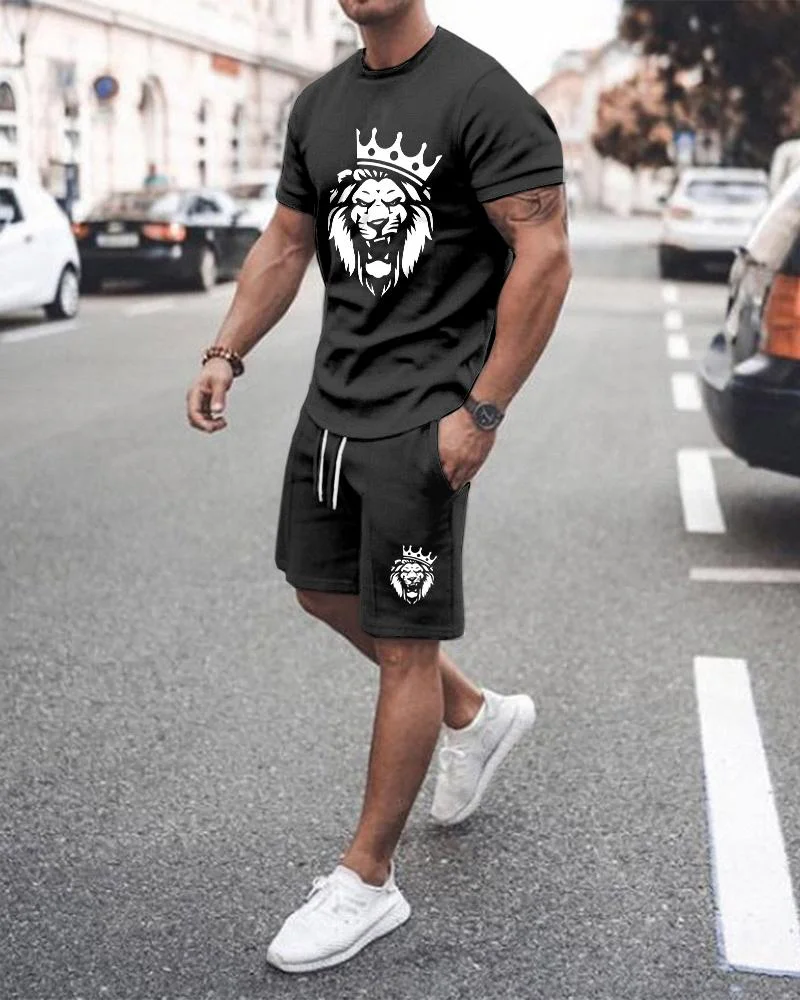 Men's Black-white Lion Printed Shorts Suit