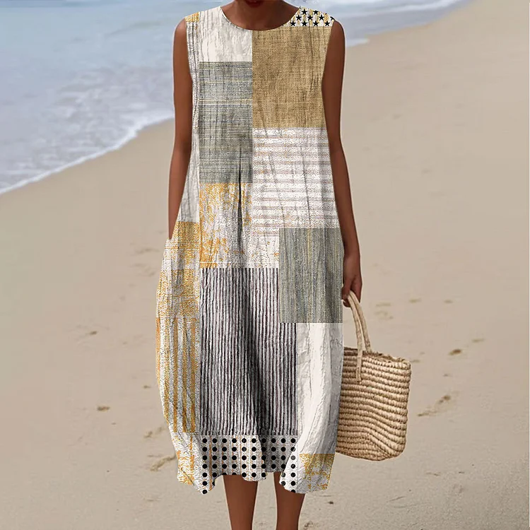 Women's Vintage Colorblock Striped Art Print Sleeveless Cotton Pocket Wrap Dress