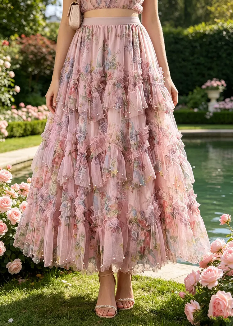 Bohemian Pink Asymmetrical Print Nail Bead Tulle A Line Skirt Spring