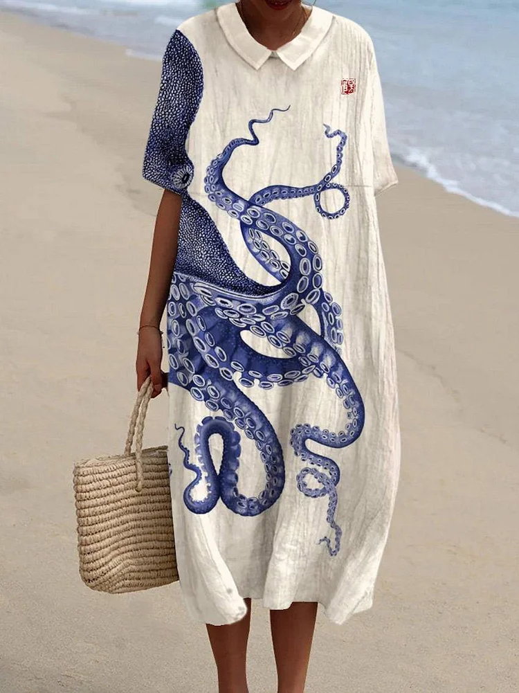Women's Japanese Octopus Art Pocket Linen Dress（Convertible Dress With Front And Back Option）