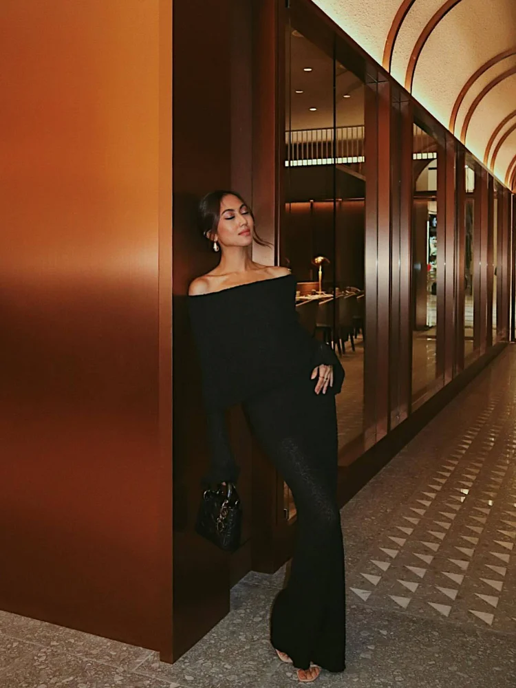 Sexy Knitted Hollow Boat Neck Maxi Dress