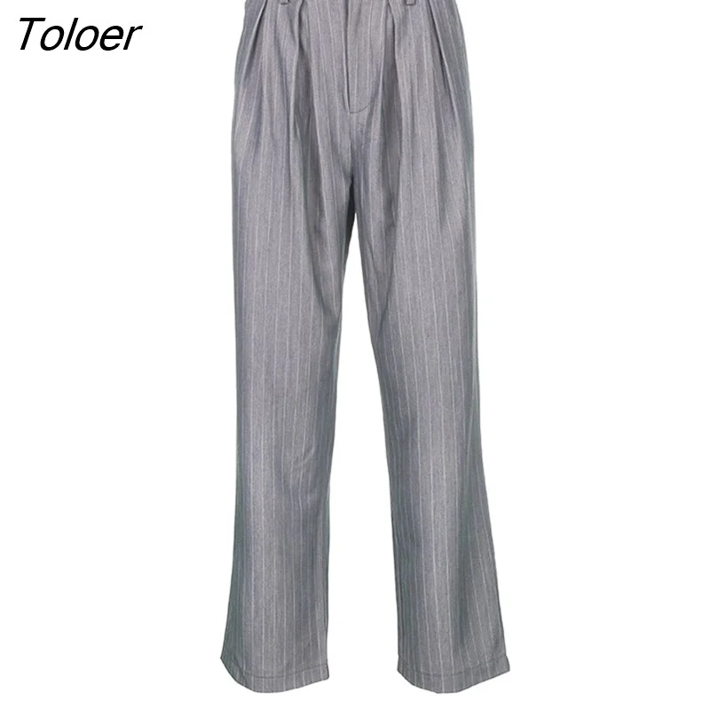 Toloer Women Loose Leisure Grey Striped Formal Suit Pants Business Design Female High Waist Wide Leg Trousers Male Office Casual Pants