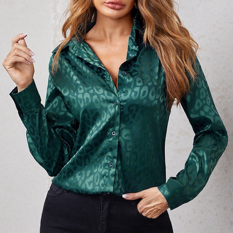 New Elegant Office Lady Long Sleeve Leopard Jacquard Blouse Turn Down Collar Button Shirt 2022 Spring Autumn Fashion Tops 19169