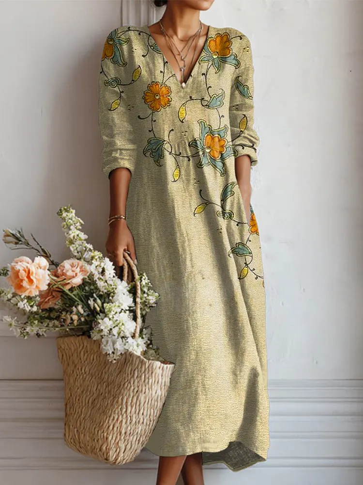 Women's Vintage Floral Art Print Casual Cotton Linen Pocket Dress