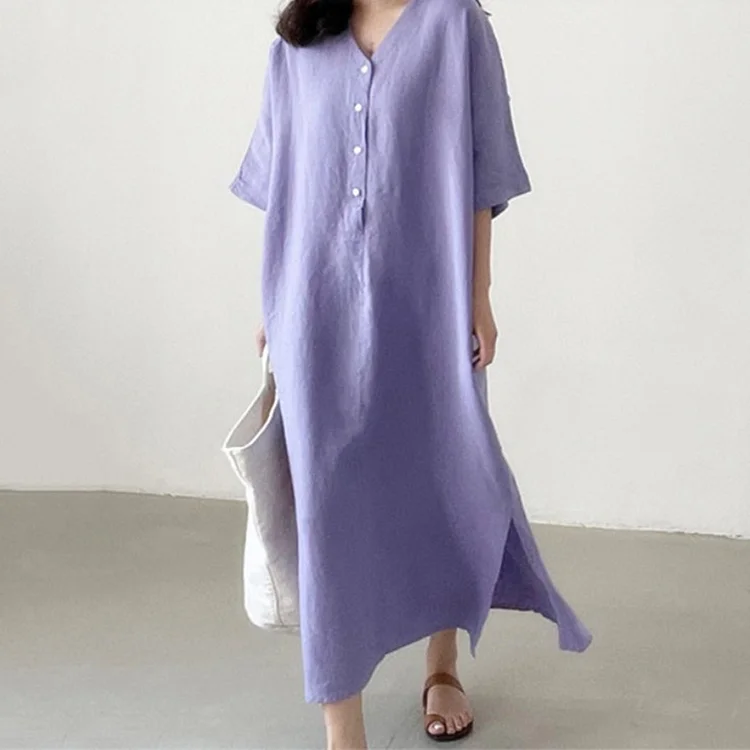 Loose Short Sleeve Linen Blend Shirt Maxi Dress