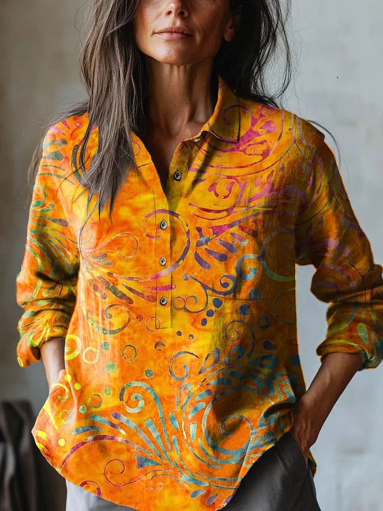 Women's Vintage Floral Pattern Art Print Casual Cotton And Linen Shirt