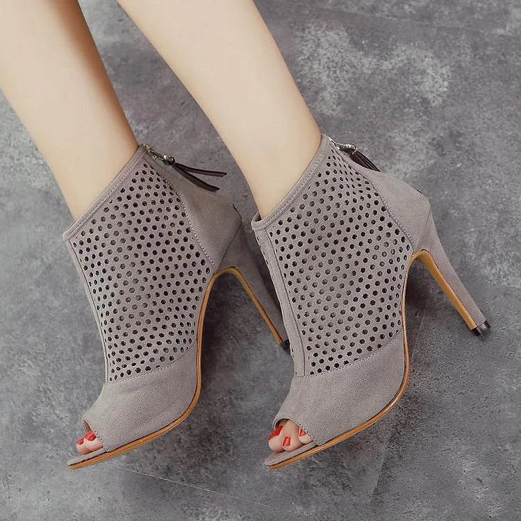 Grey Hollow Out Suede Stiletto Heel Ankle Booties Vdcoo