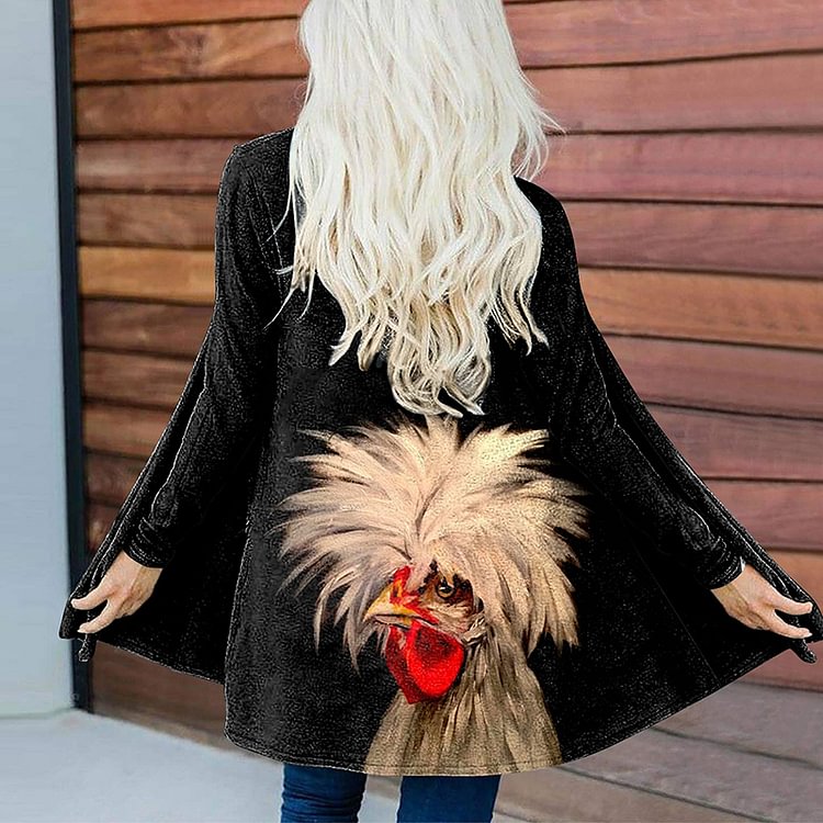Vefave Casual Chicken Print Long Sleeve Cardigan