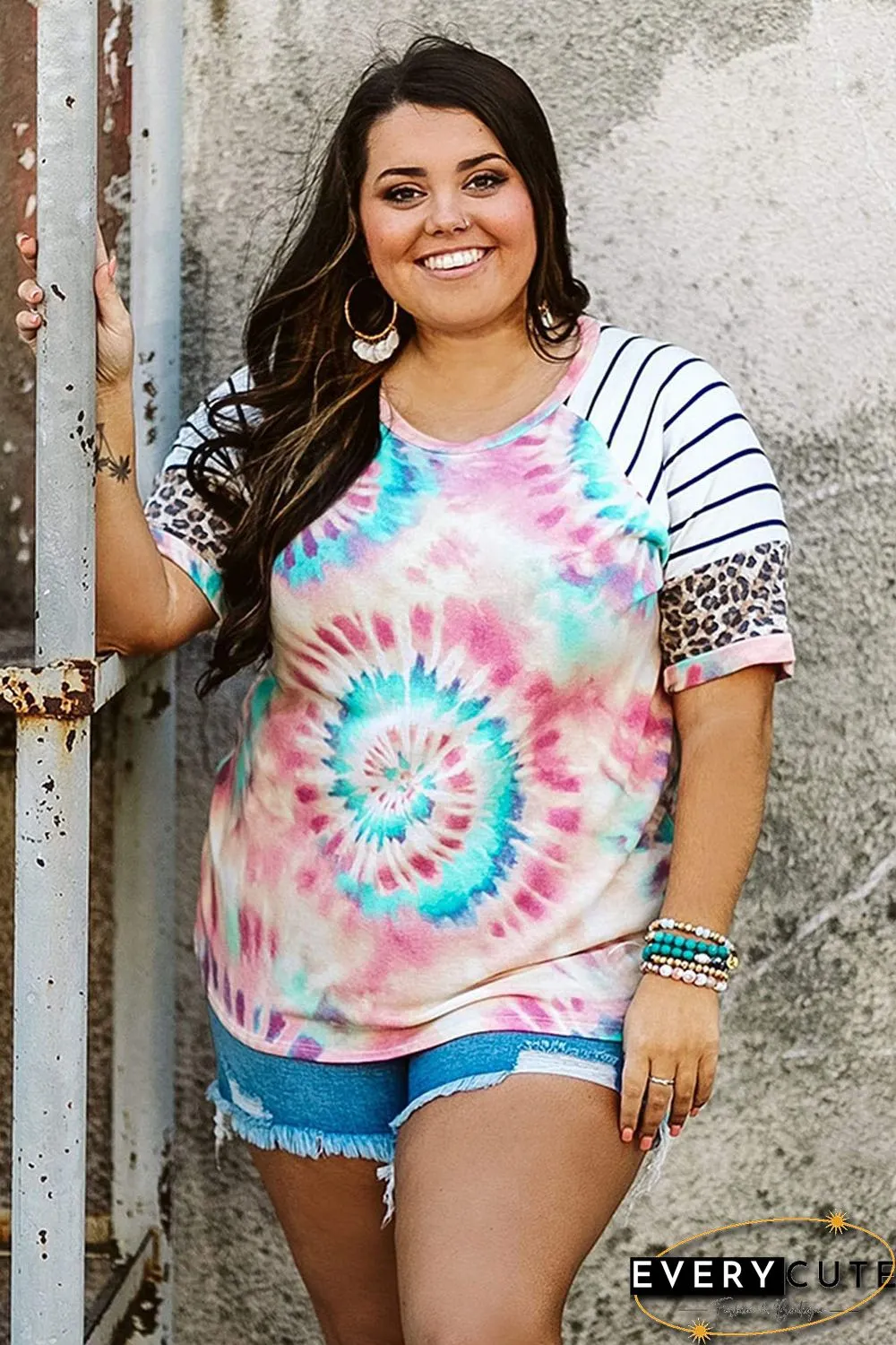 Tie-dye Print Leopard Striped Raglan Sleeve Plus Size Tee