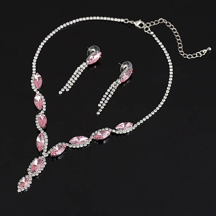 Wedding Pink Crystal Diamond Necklace Earrings Two Piece Set  Flycurvy [product_label]