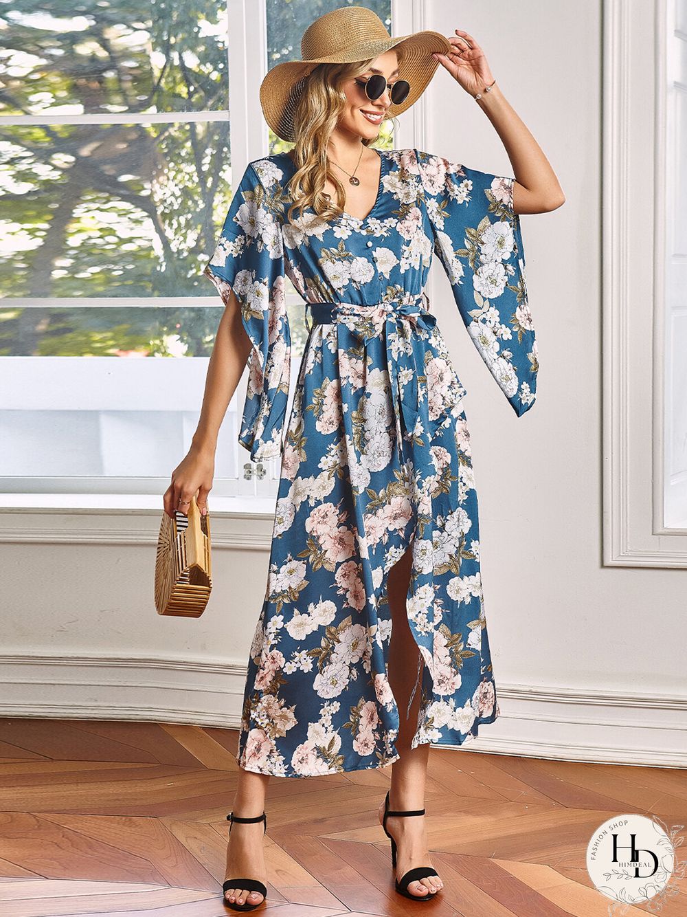 V-neck Floral Print Belt Design Irregularly Slit Hem Maxi Dress