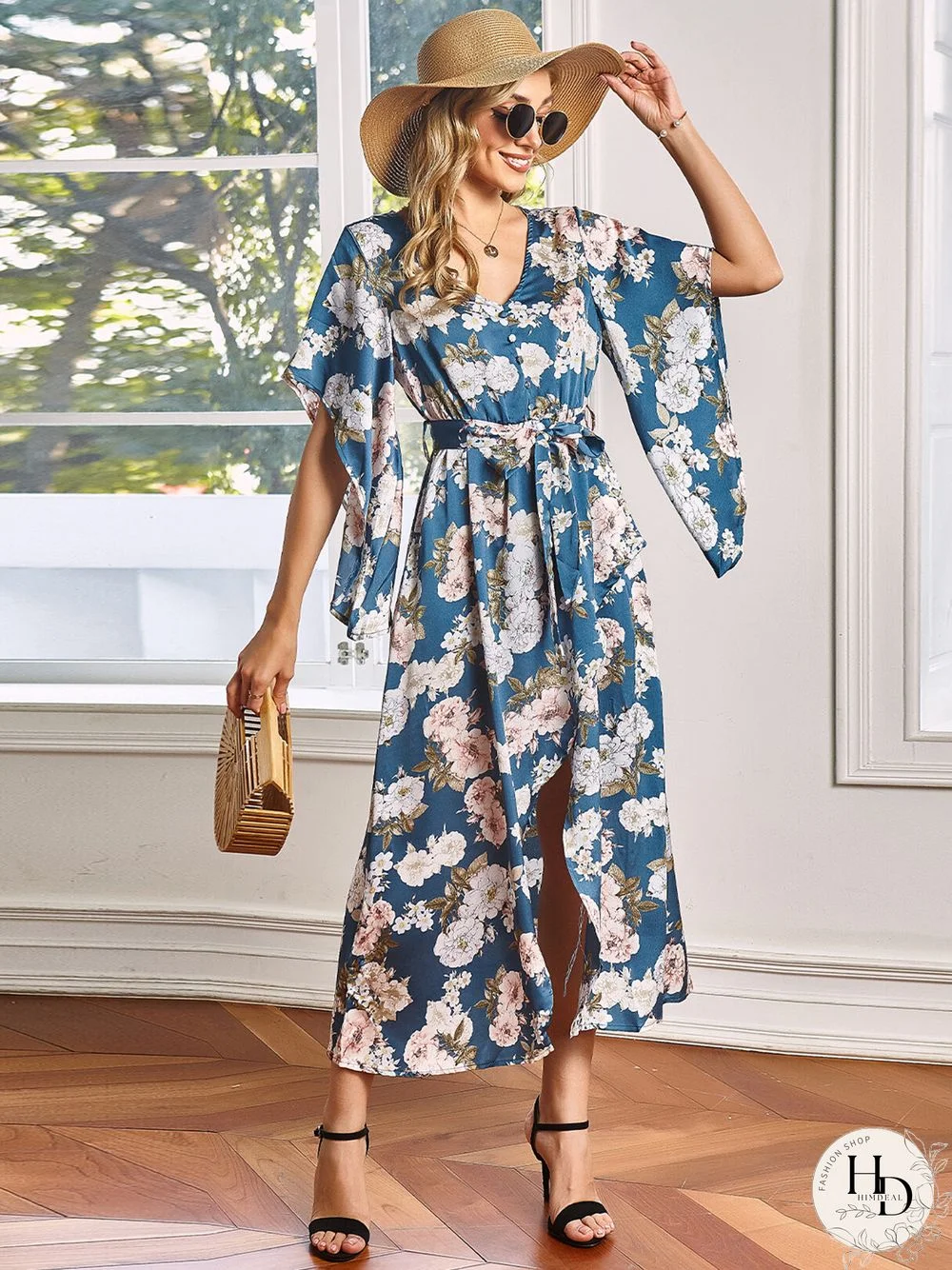 V-neck Floral Print Belt Design Irregularly Slit Hem Maxi Dress