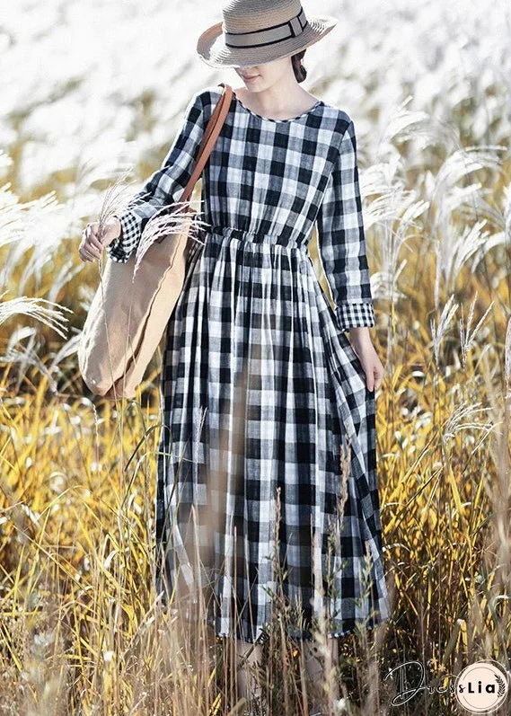 New Red O Neck Plaid Cinched Cotton Long Dresses Fall