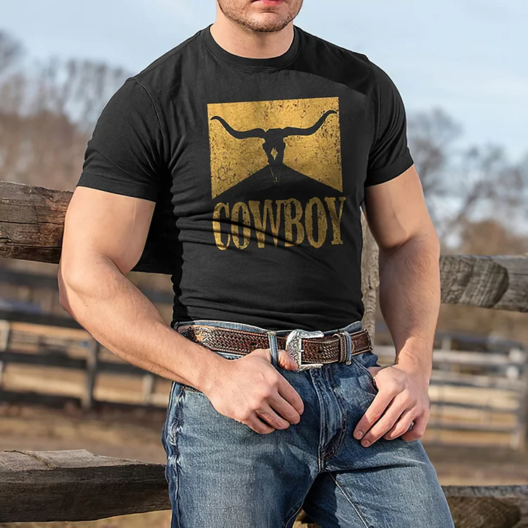 Western Tribal Bull Head Cowboy Print Short Sleeve T-Shirt