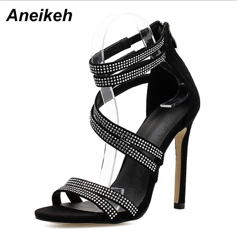 Aneikeh Gold Bling Crystal Sexy Women Sandals Open Toe Rhinestone Straps Cross High Heel Sandals Wedding Dress Shoes Size 35-40