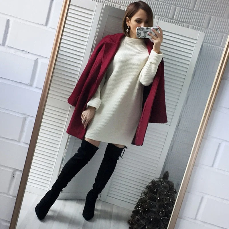 Autumn Winter Solid Knitted Cotton Sweater Dresses Women Fashion Loose O-neck Pullover Female Knitted Dress Vestidos Feminino