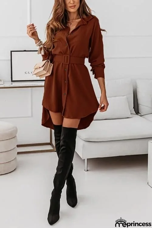 Button Long Sleeve Shirt Mini Dress With Belt