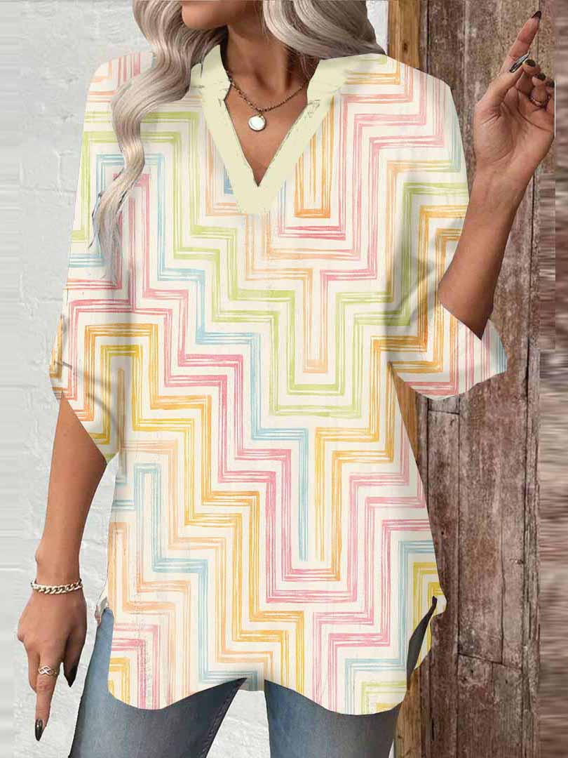 Women Geometric,Colorful DZGA0278 3/4 Sleeve V-neck Printed Graphic Button Tops