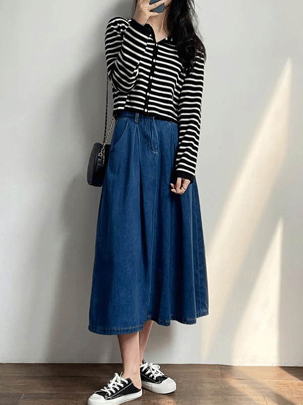Pleated Detail A-Line Simple Casual Denim Midi Skirt
