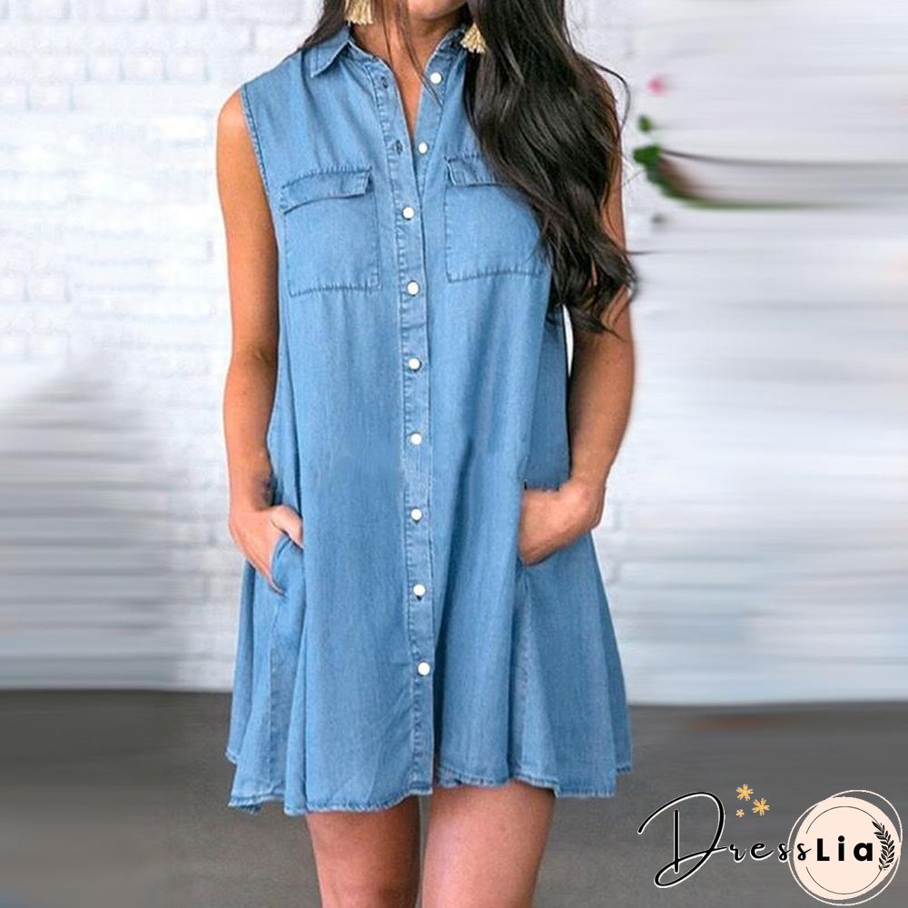 Denim Sleeveless Shirt Mini Dress