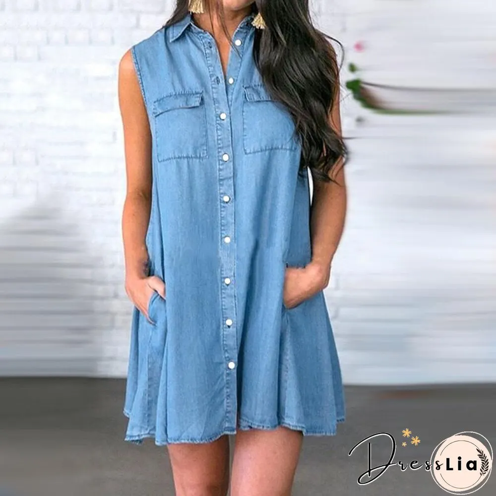 Denim Sleeveless Shirt Mini Dress