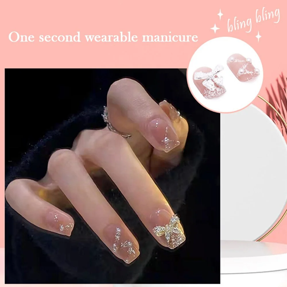 24pcs Ballet Fake Nails Coffin Head Pink Color Press On Nail Art tips with 3D Heart And Bow Design French Style Girl False Nails-Nail Inspo