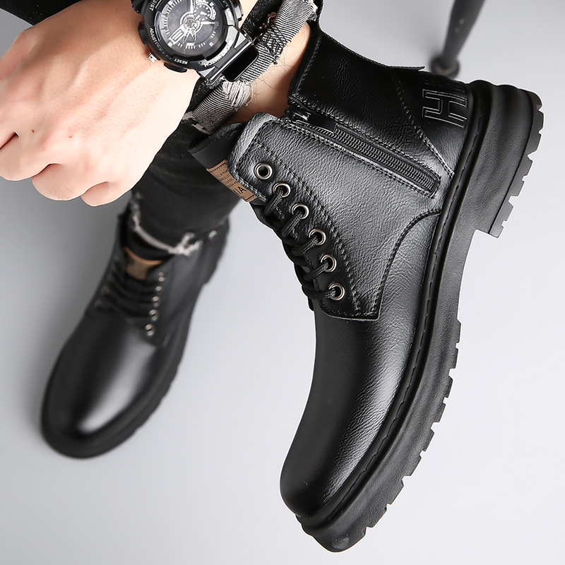 Men's High Top British Style Leather Shoes Rider Motorcycle Snow Boots