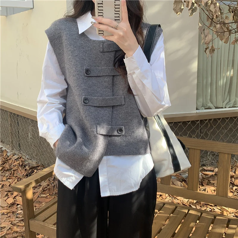 Ueong Ueong Women's Korean Version Irregular Versatile Loose Sweater Vest Advanced Sense Double Breasted Knit Vest Cardigan Woman