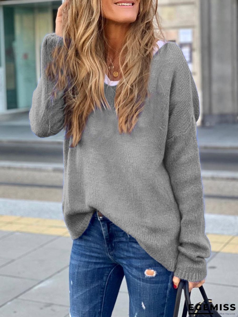 Blue Long Sleeve V Neck Shirts & Tops | EGEMISS