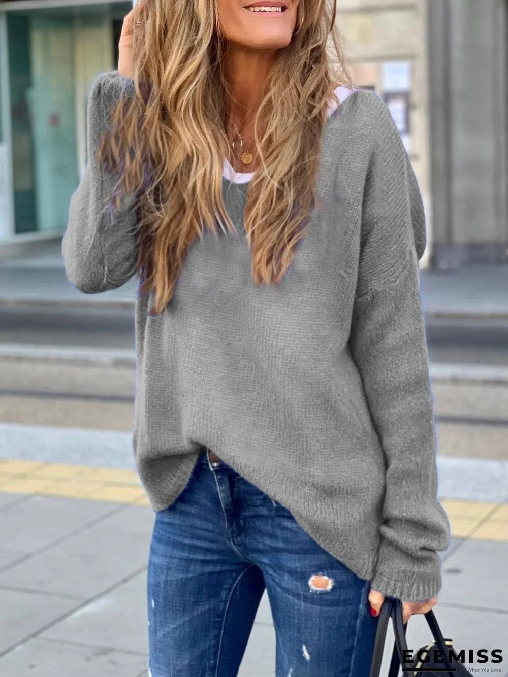 Blue Long Sleeve V Neck Shirts & Tops | EGEMISS