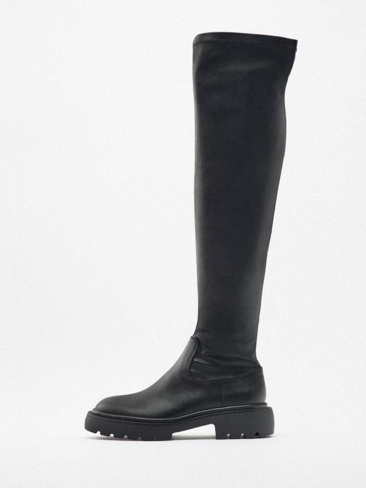 Casual Black Zipper Elastic PU Over-The-Knee Thick Track Sole Platform Round-Toe Boots