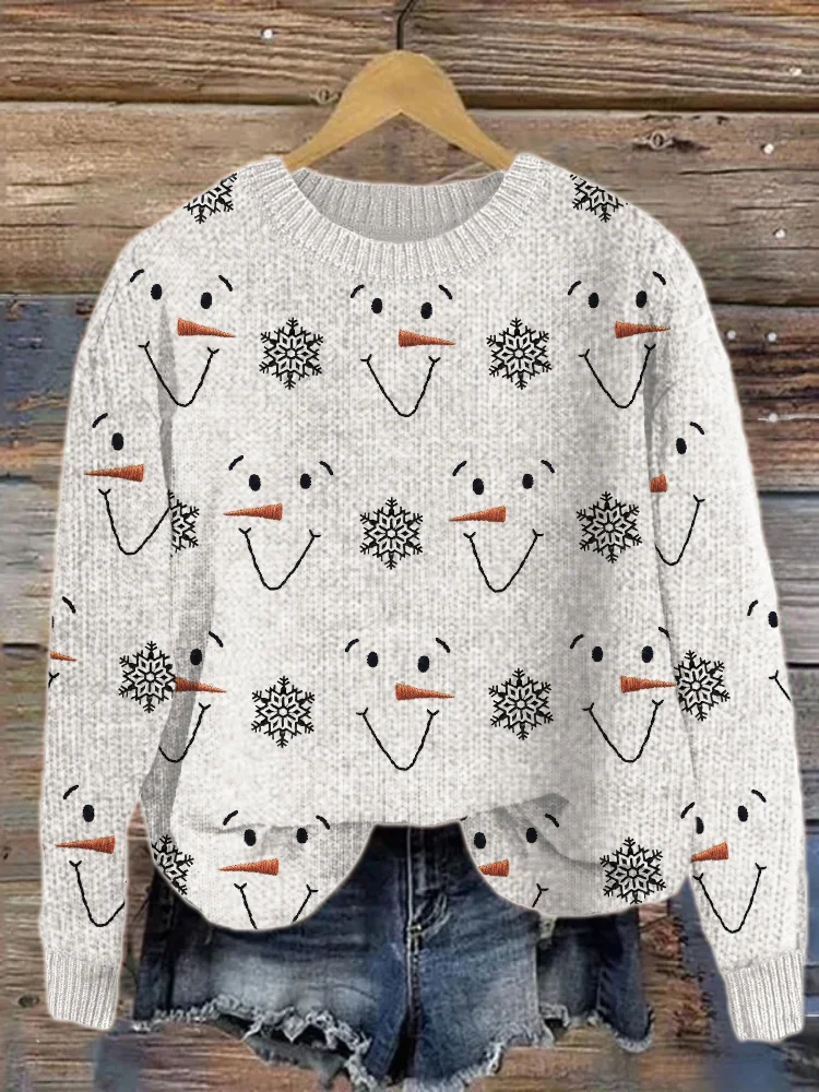 Snowman Faces & Snowflakes Embroidered Cozy Knit Sweater