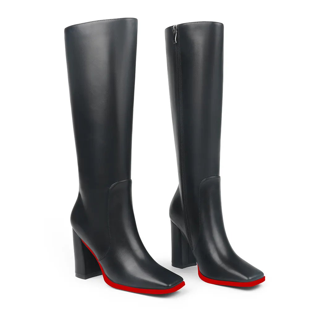 95mm/3.74 Women's Knee High Red Bottom Boots Chunky Heels Square Toe Boots Go Go Boots with Side Zipper-vocosishoes