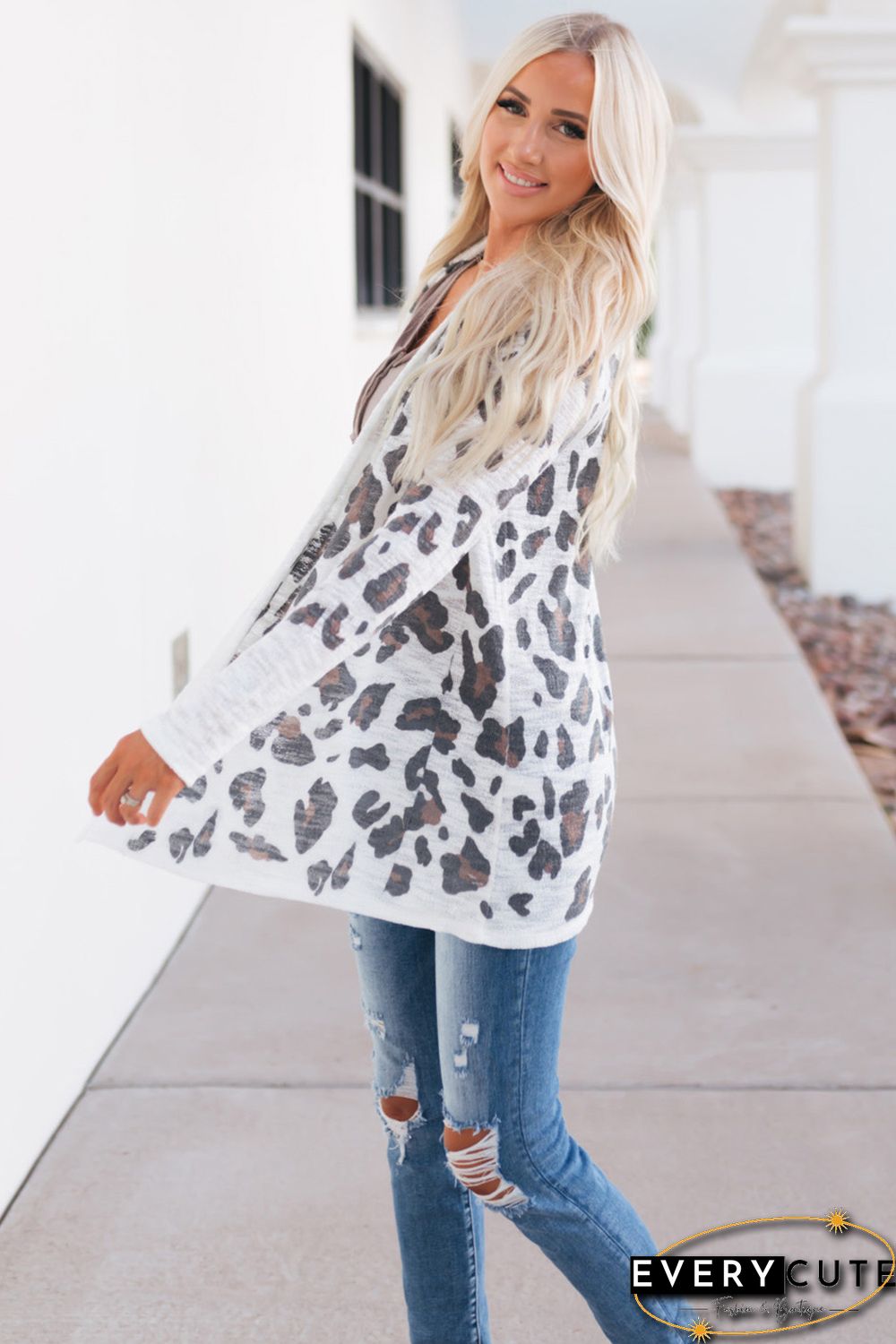 White Vintage Leopard Print Open Cardigan