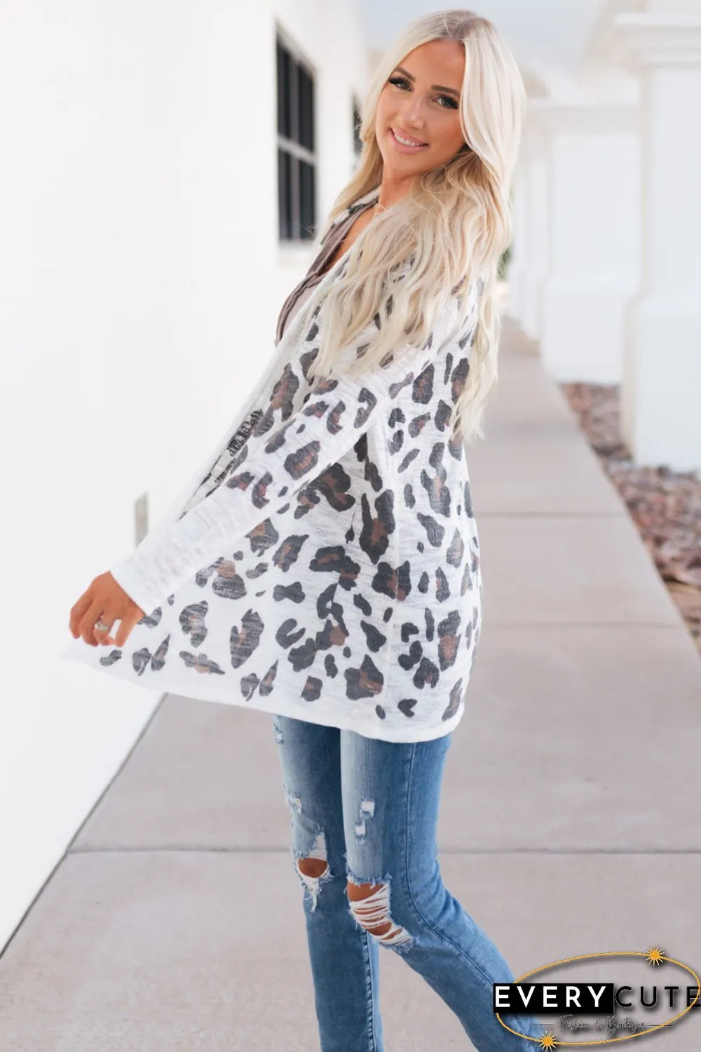 White Vintage Leopard Print Open Cardigan