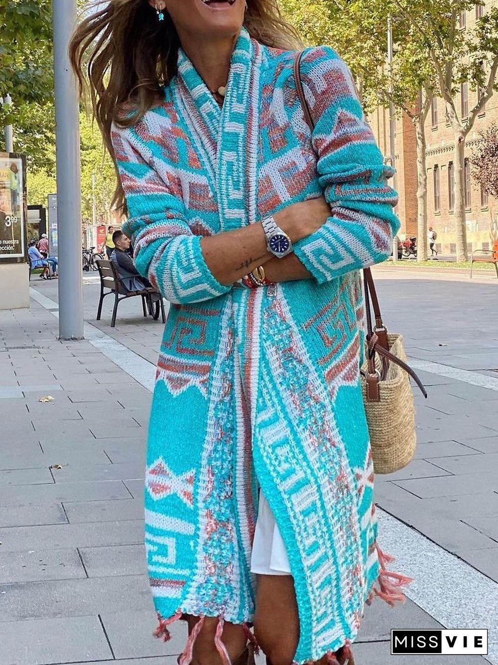 Geometric Winter West Styles/Cows Polyester Mid-weight High Elasticity Daily Long sleeve Collarless Sweater coat for Women