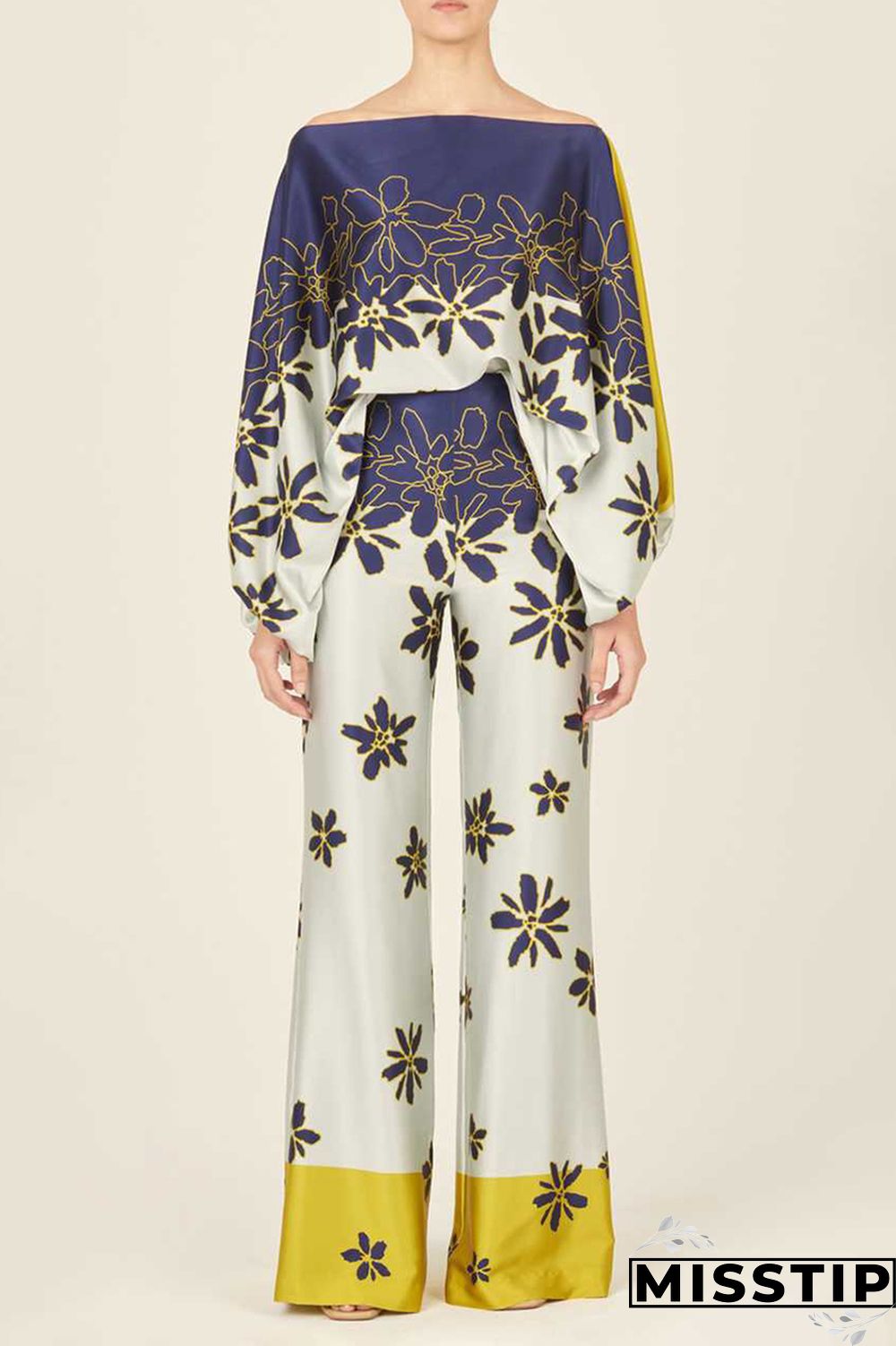 Yellow Casual Elegant Print Patchwork Off the Shoulder Long Sleeve Two Pieces