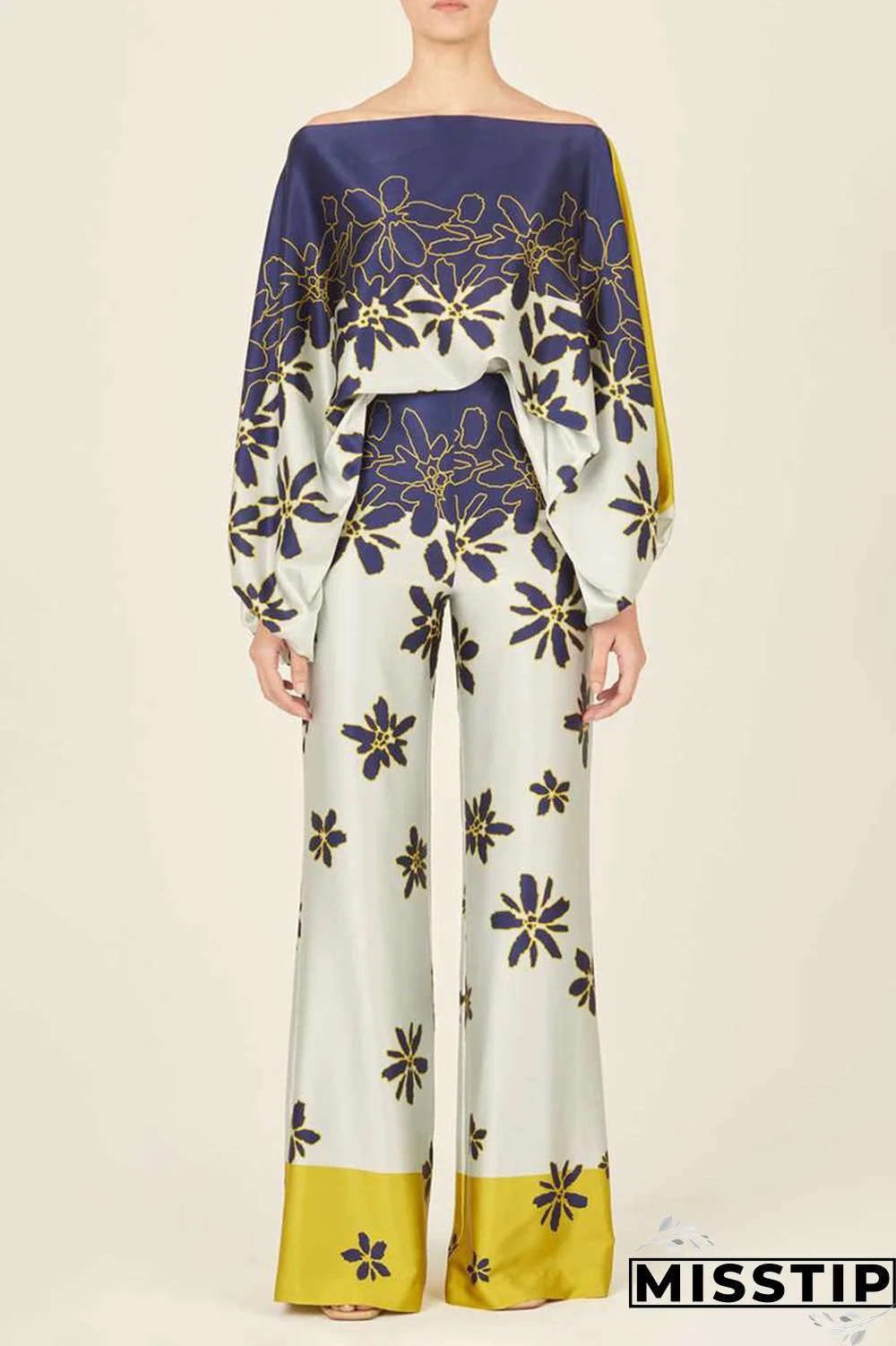 Yellow Casual Elegant Print Patchwork Off the Shoulder Long Sleeve Two Pieces