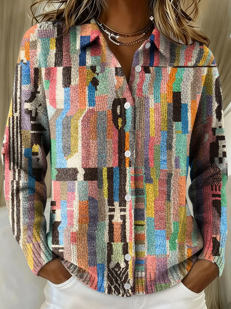 Women's Vintage Patchwork Gradient Abstract Pattern Art Print Cowl Neck Sweater