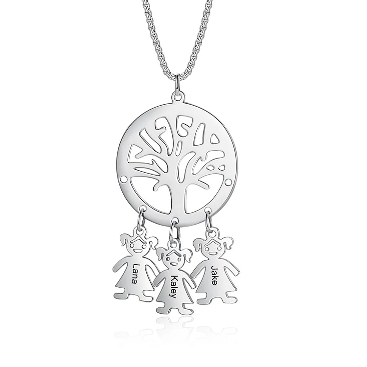 Tree of Life Necklace with 3 Kid Charms Engraved Names Mother Necklace