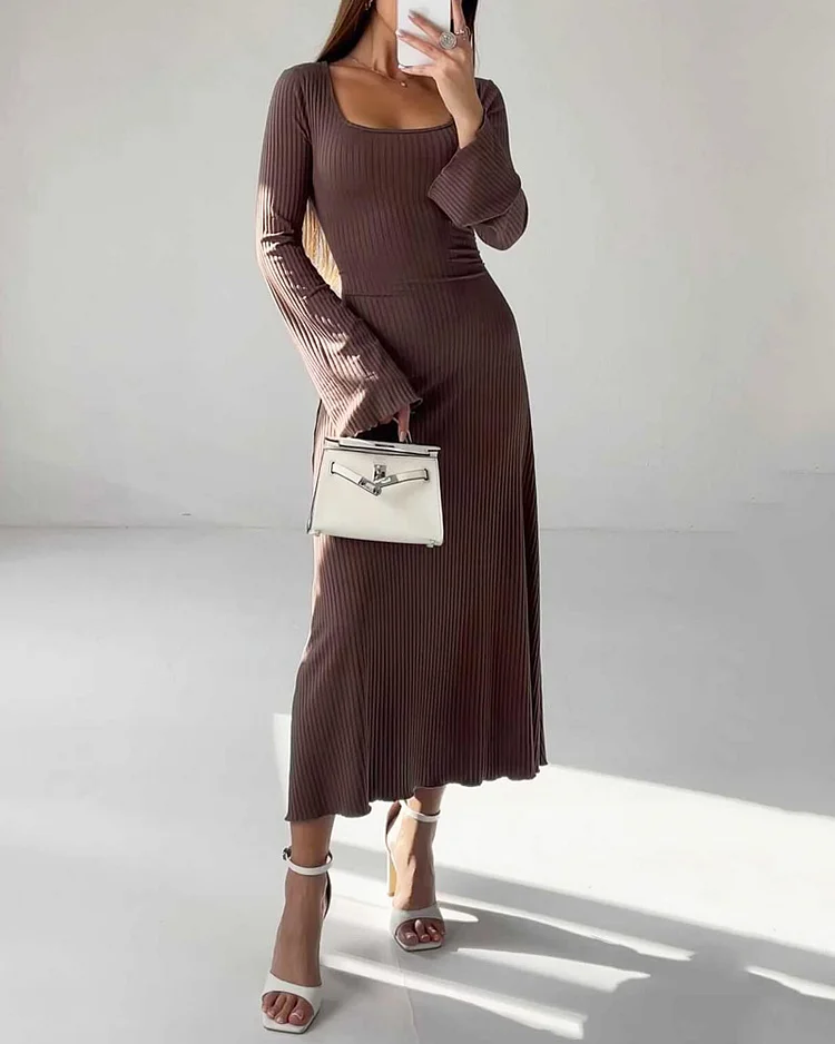 Solid Color Square Neck Bell Sleeve Knitted Dress