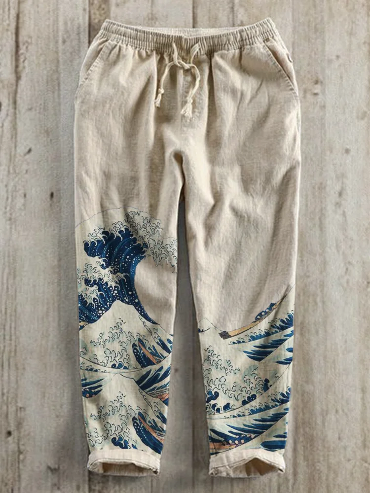 The Great Wave off Kanagawa Linen Blend Casual Pants