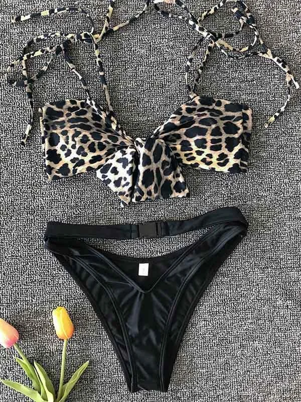 Snake-Print Bandeau Knotted Split Bikini Swimsuit