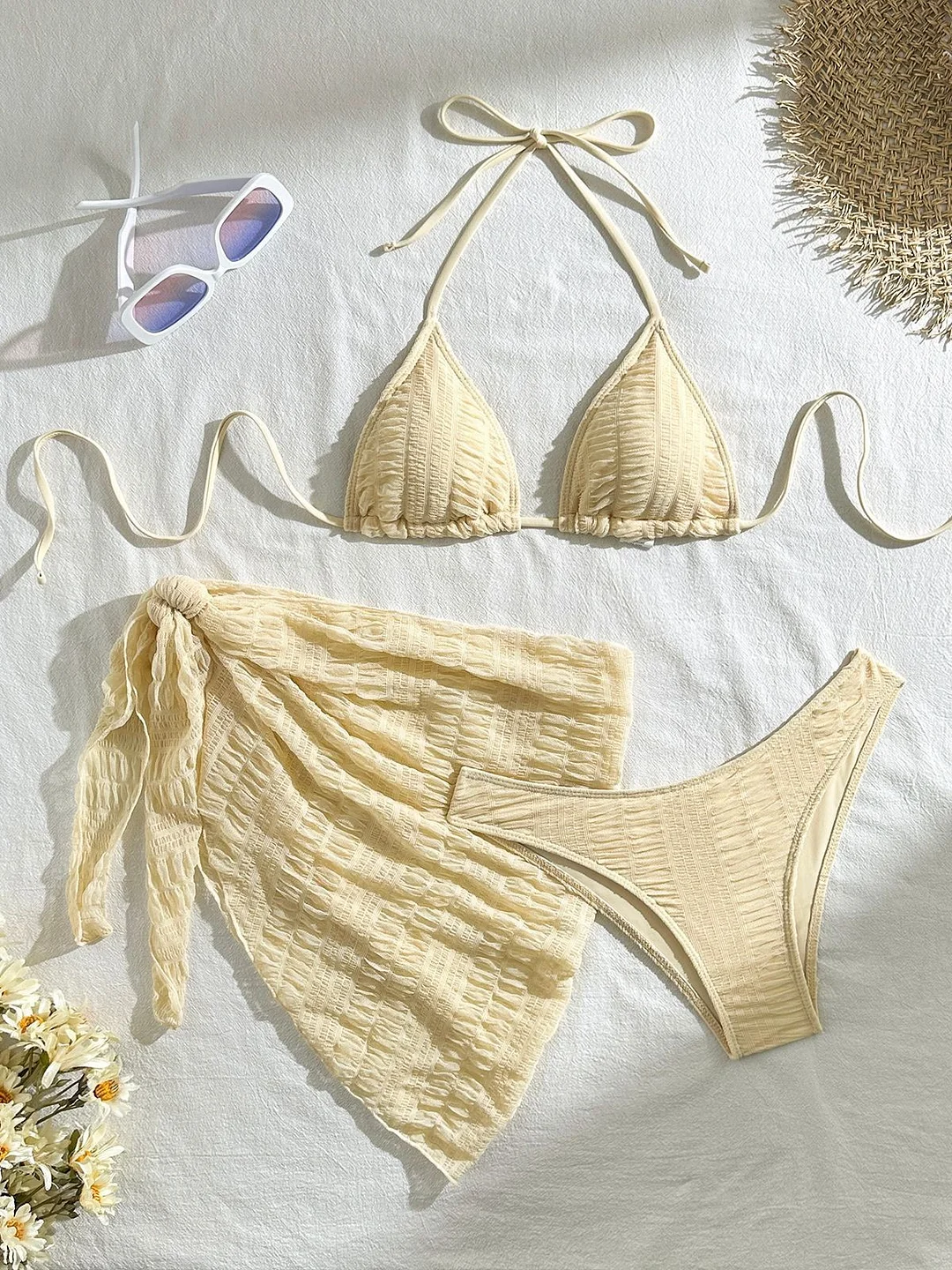 Uveng 2024 Solid Color Sexy New Three-Piece Mesh Three-Piece Set Swimsuit Swimsuit Bikini