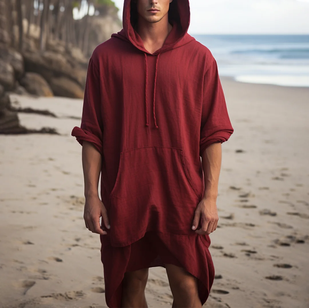Men's Beach Holiday Plain Long Sleeve Hooded Kaftan-inspireuse
