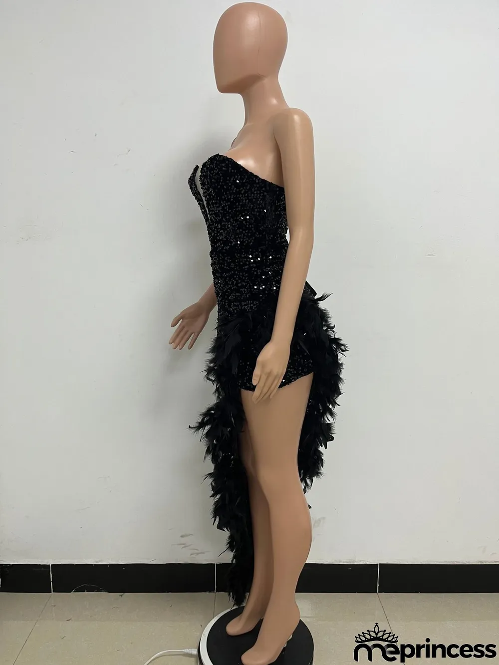 Women Sexy Off Shoulder Backless Sequin Feather Dress