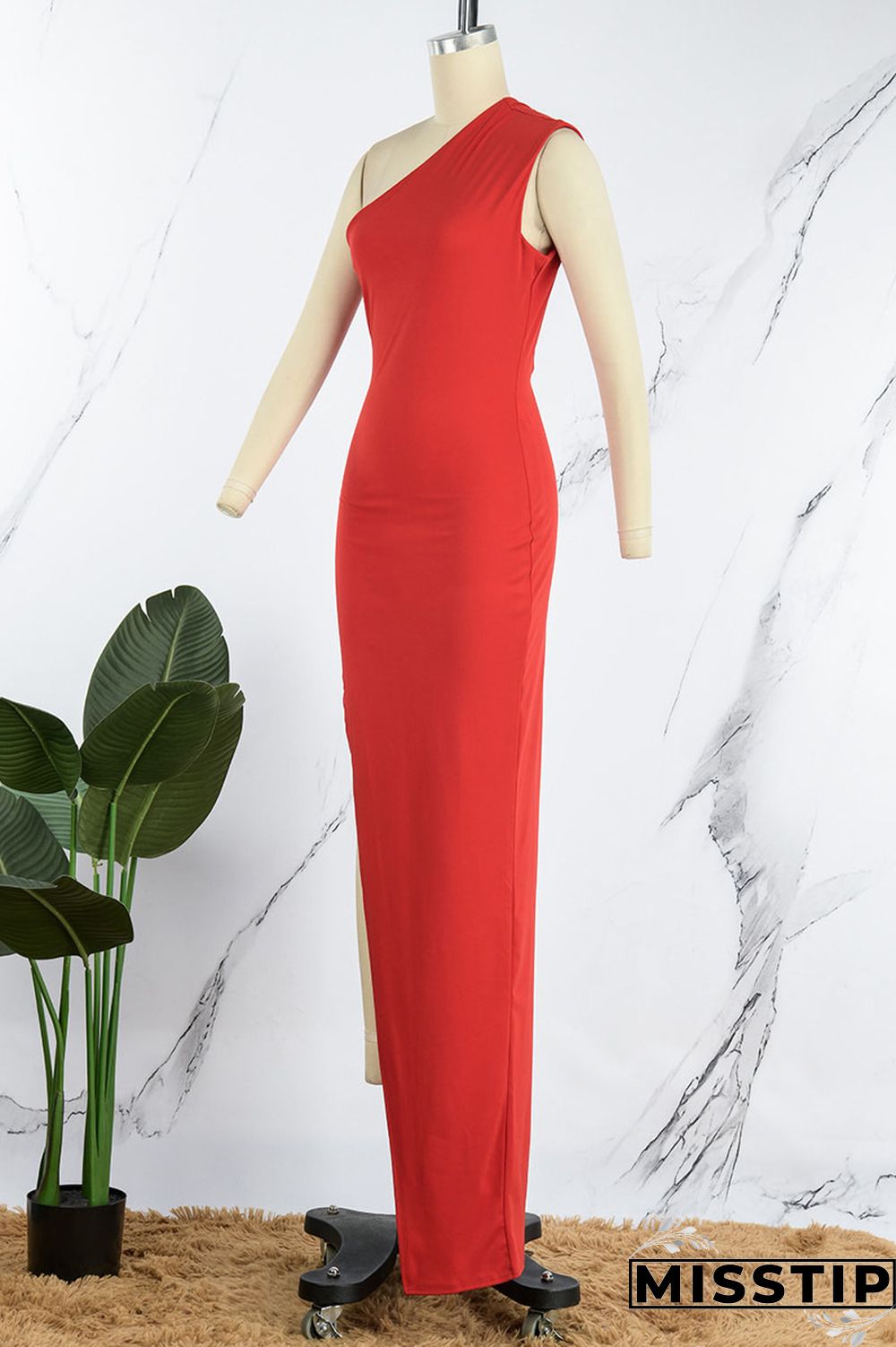 Blue Sexy Solid Patchwork Slit Oblique Collar Long Dress Dresses