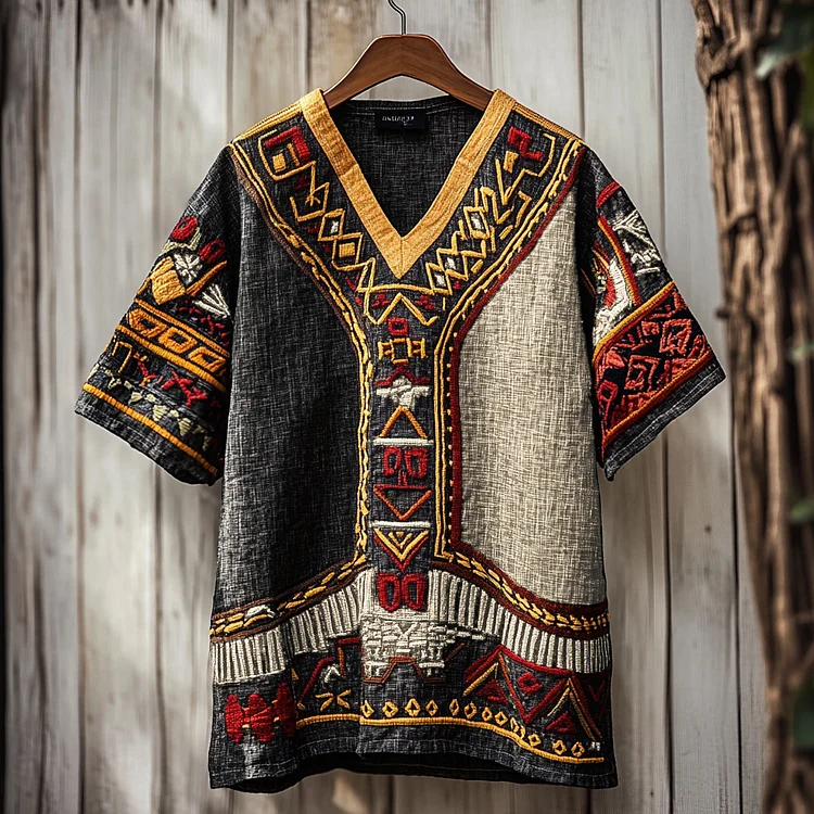 Men's Black Pride African Ethnic Geometric Juneteenth Art Print Linen T-shirt